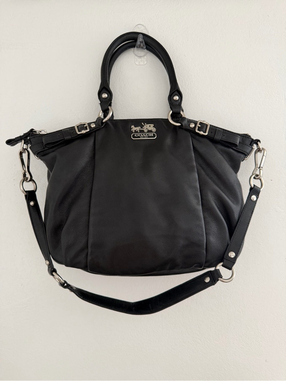 Coach Black Leather Convertible Satchel with Silver Hardware